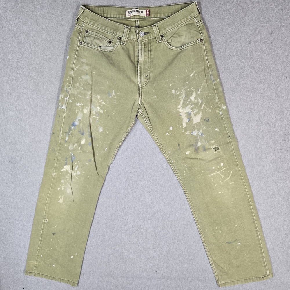 VINTAGE Levi's 505 Men Jeans 32X34 Green Y2K Denim Straight Paint Splatter